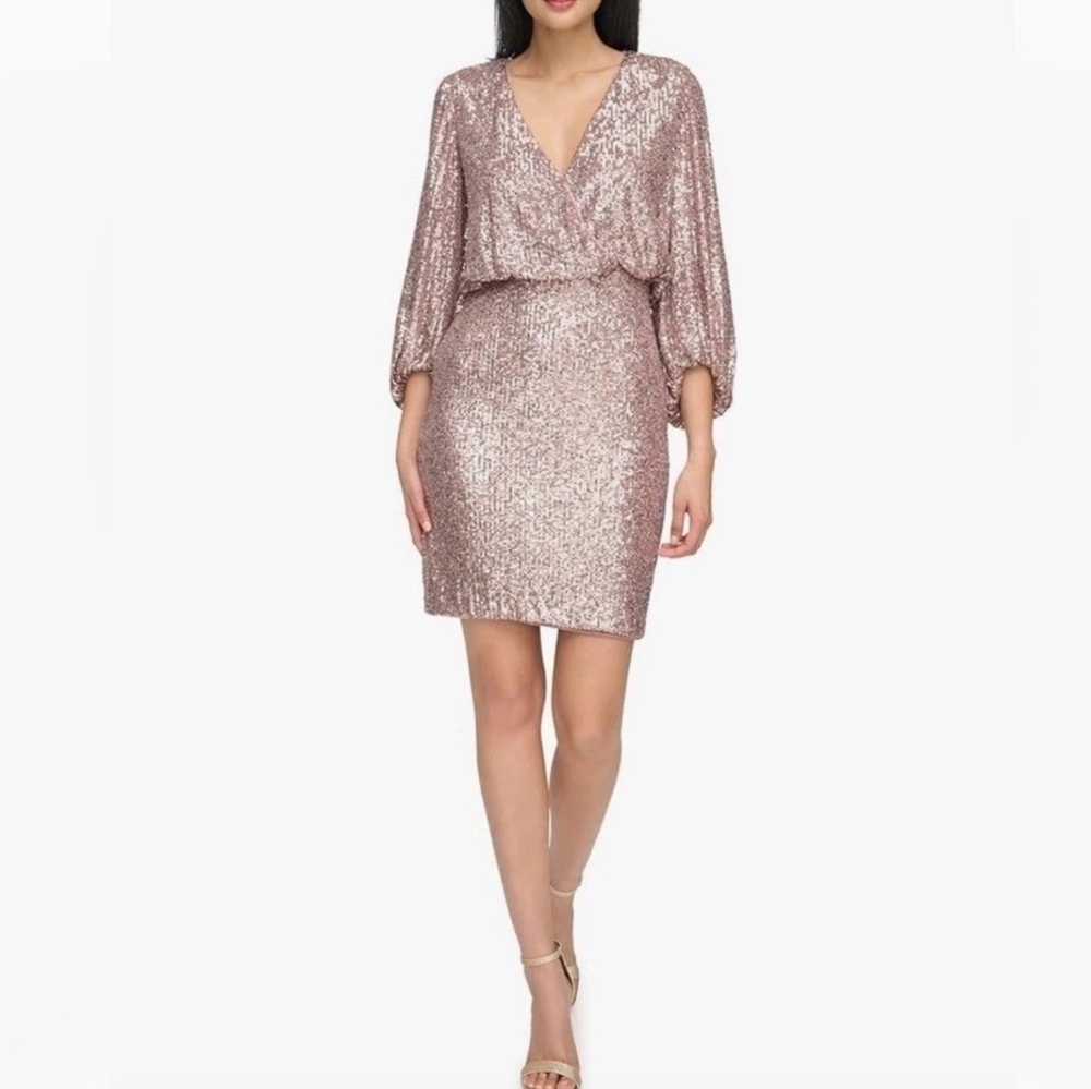 Eliza J Sequin V-Neck Cocktail Mini Dress/ Sheath - Rose Gold/Baloon Sleeves NWT